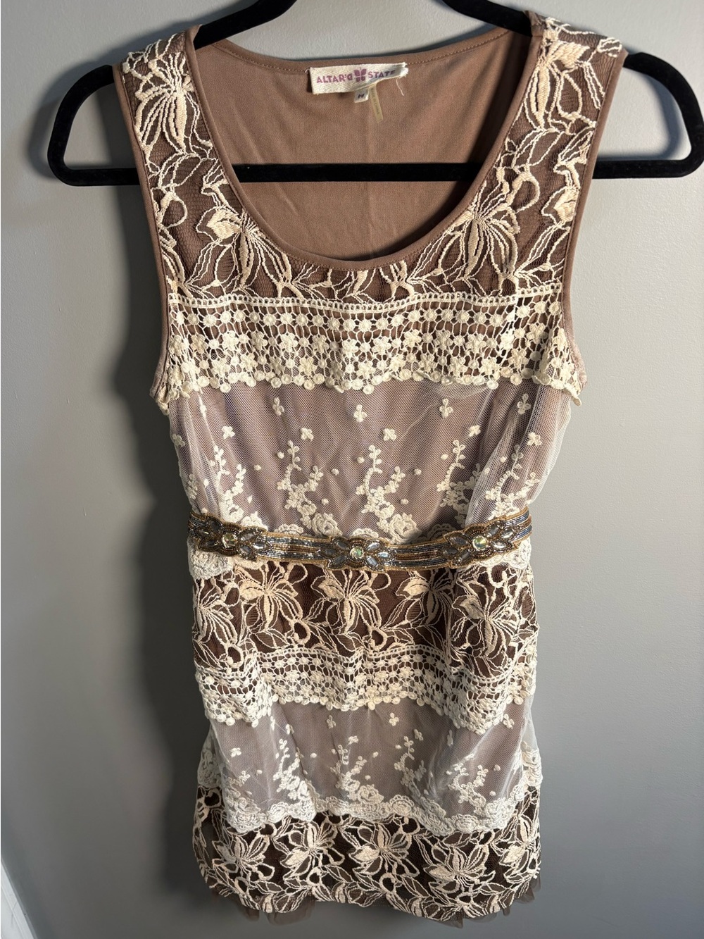 Altar'd State Taupe and Cream Lace Mini Dress with Sparkly Belt